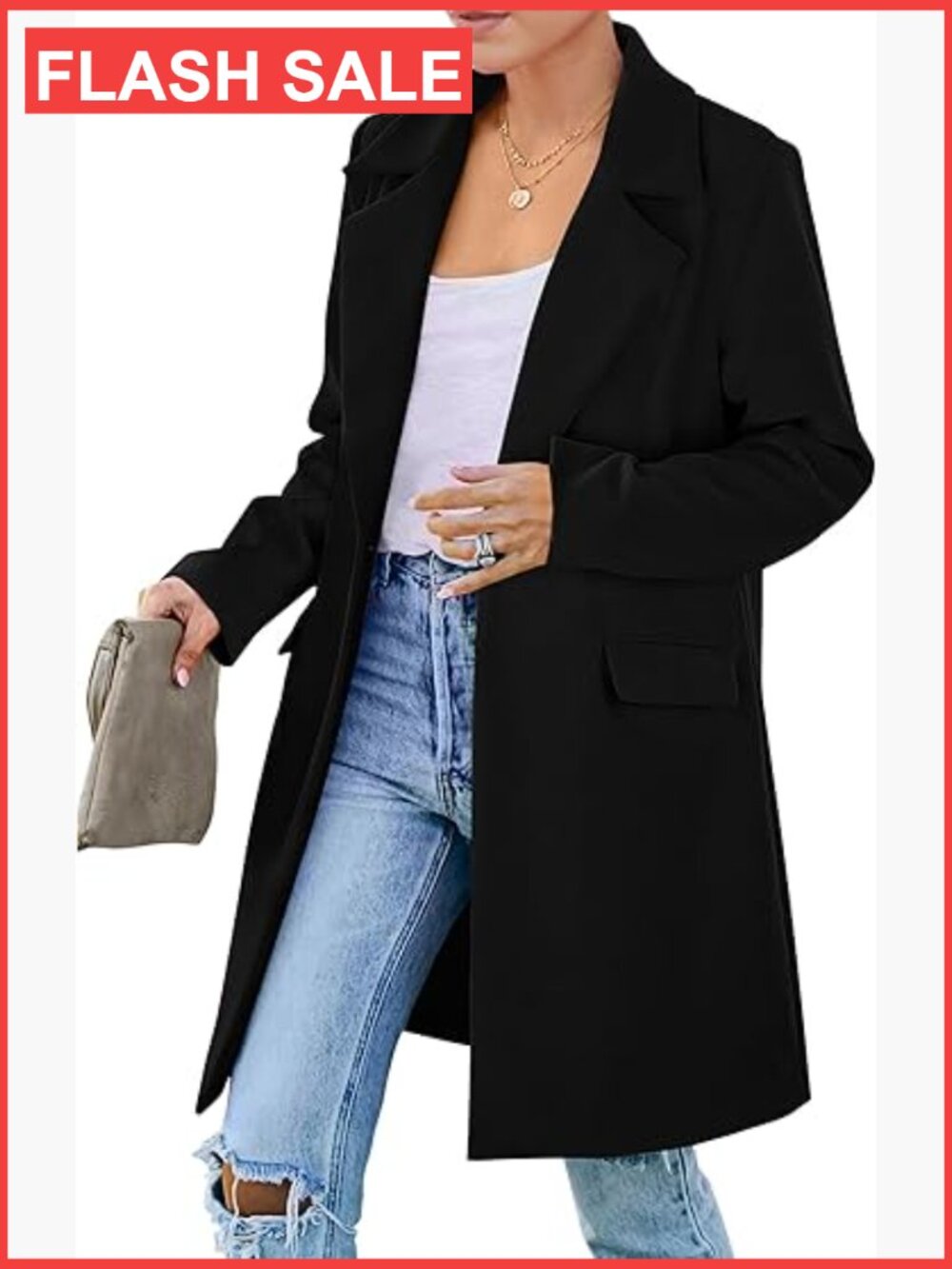Long Blazer Jacket Notch Lapel Padded Shoulder Flap Pockets Loose Fit Work